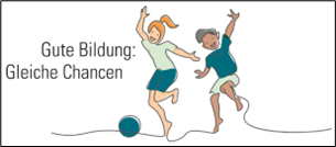 Logo "Kinder im Ganztag", ein Mädchen und ein Junge springen mit einem Ball, links daneben steht "Gute Bildung, Gleiche Chancen"