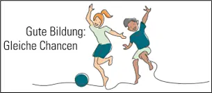 Logo "Kinder im Ganztag", ein Mädchen und ein Junge springen mit einem Ball, links daneben steht "Gute Bildung, Gleiche Chancen"